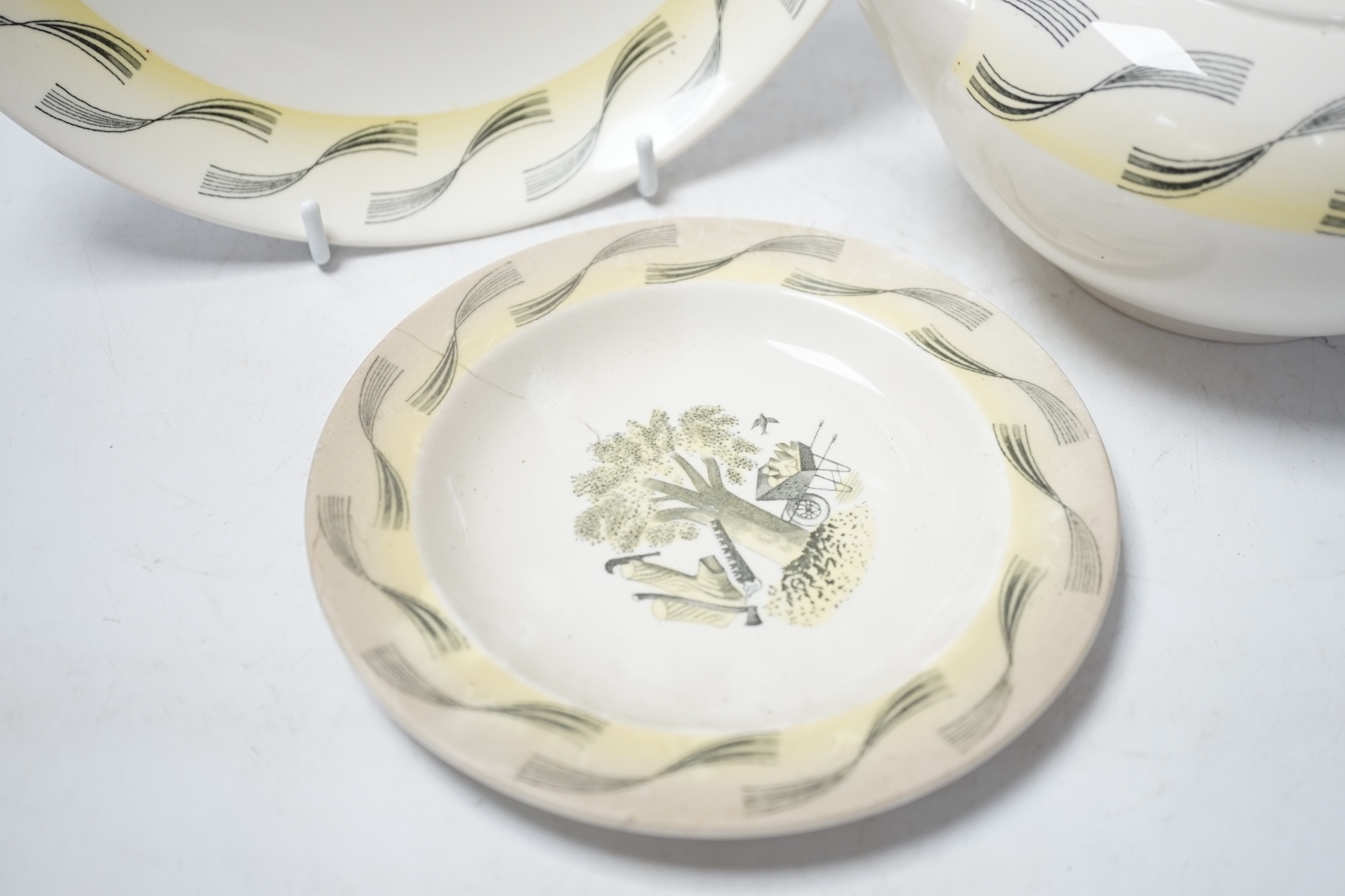 Eric Ravilious for Wedgwood, a Garden pattern teaset together with two Enoch Wedgewood cups and a dish. Condition - fair to good